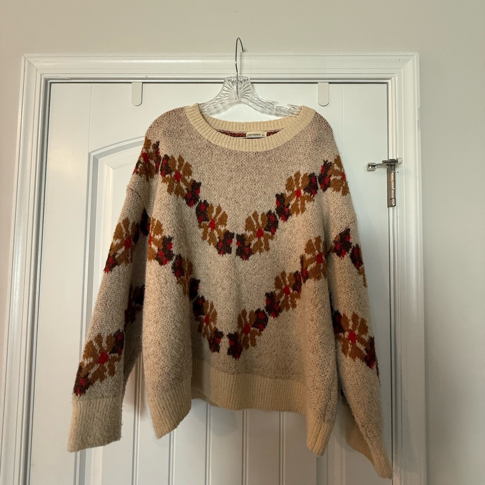 Elegant Cream and Red Patterned Sweater